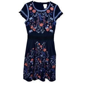 foxiedox Navy Floral Embroidered Mini Dress with Coral & Light Blue Accents